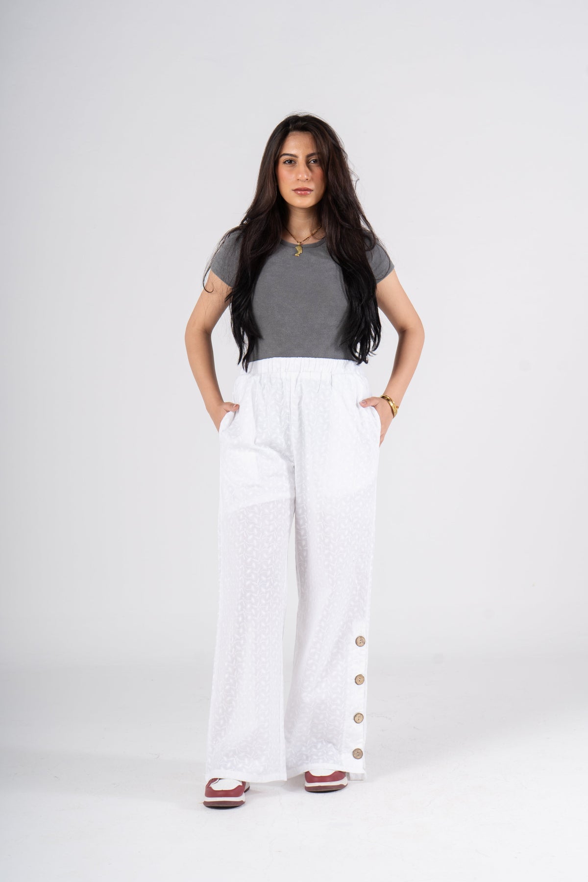 Wide Leg Eyelet Pants with Side Buttons