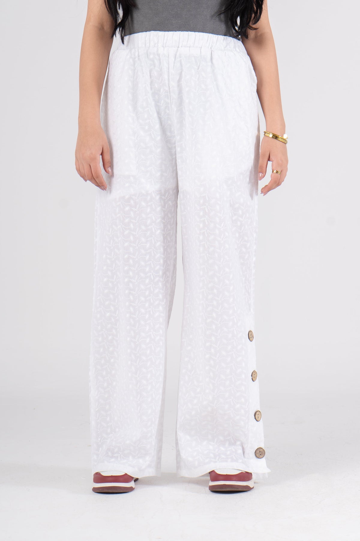 Wide Leg Eyelet Pants with Side Buttons