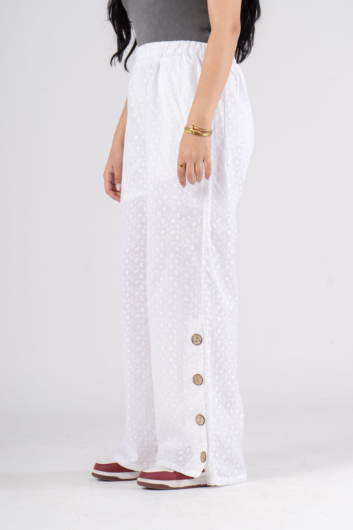 Wide Leg Eyelet Pants with Side Buttons
