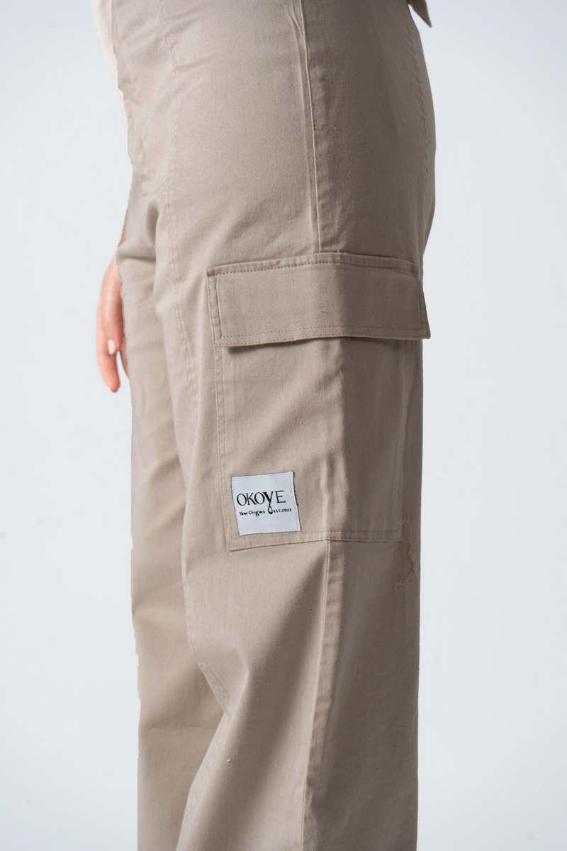 Beige Wide Leg Cargo Pants
