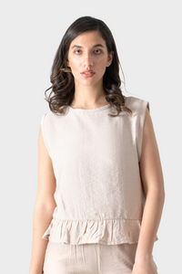 Beige Sleeveless Linen Ruffle Blouse
