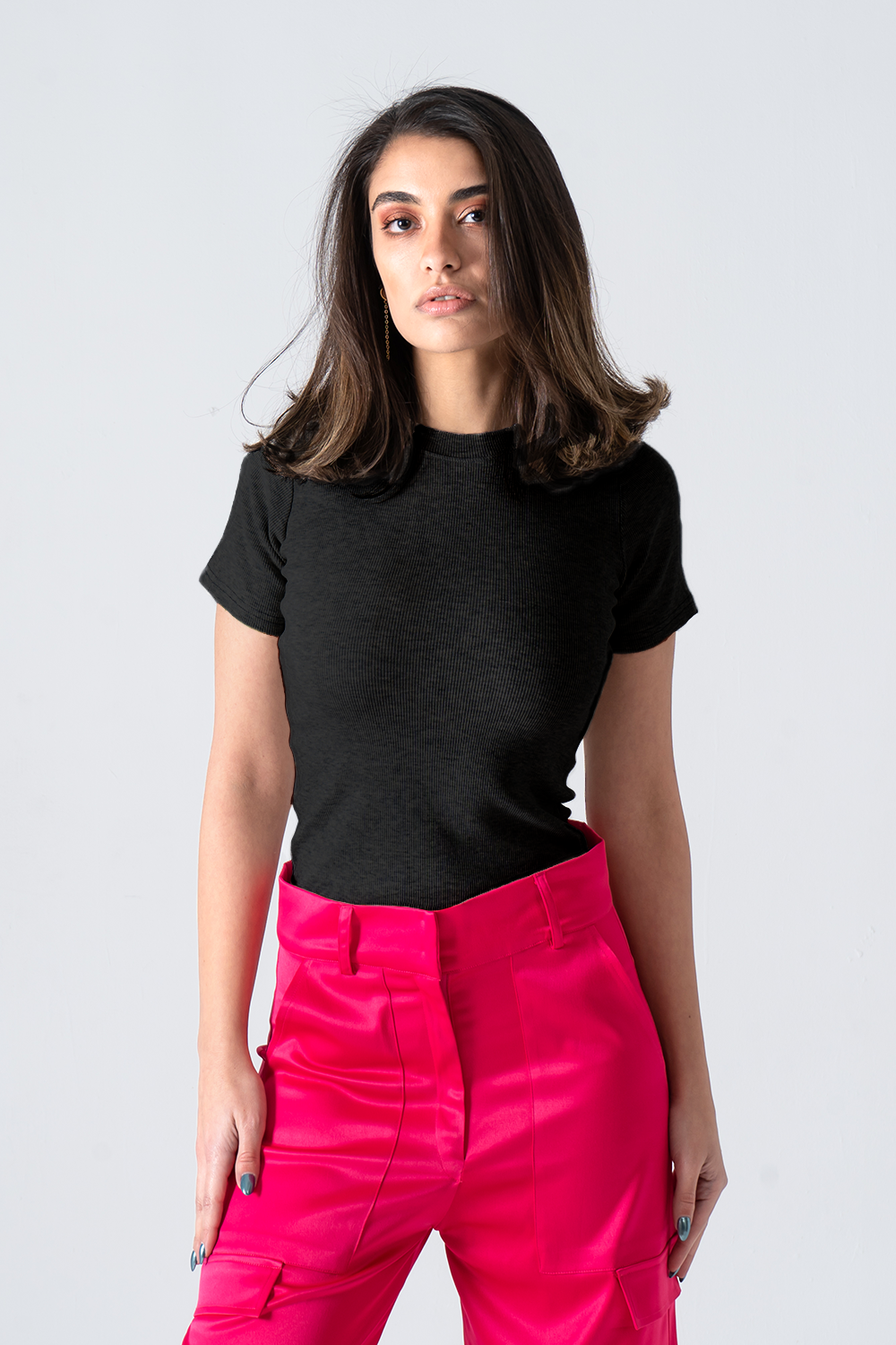 Black Short Sleeve Ribbed Top