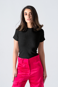 Black Short Sleeve Ribbed Top