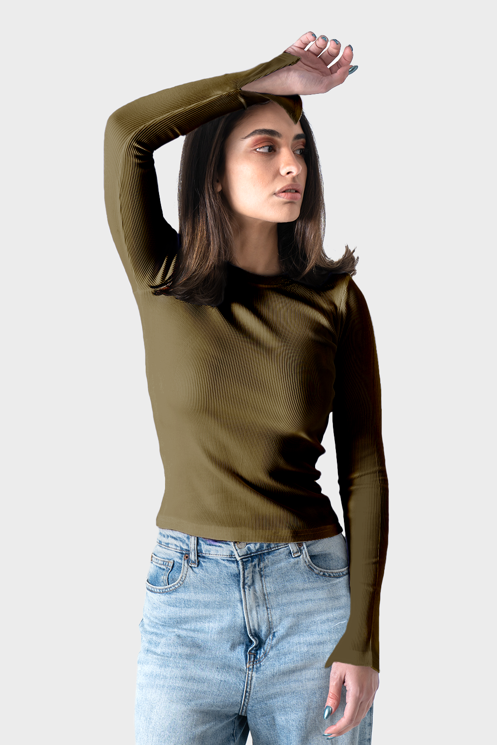 Olive Ribbed Top With Bracelet Slit