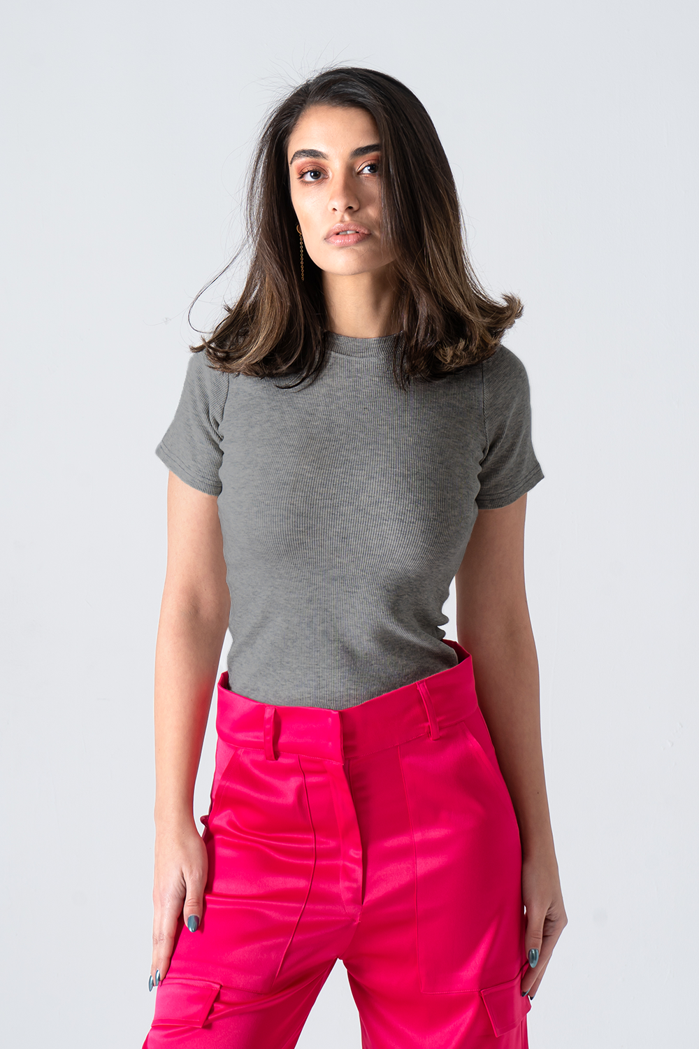 Dark Gray Short Sleeve Ribbed Top