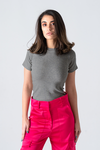 Dark Gray Short Sleeve Ribbed Top